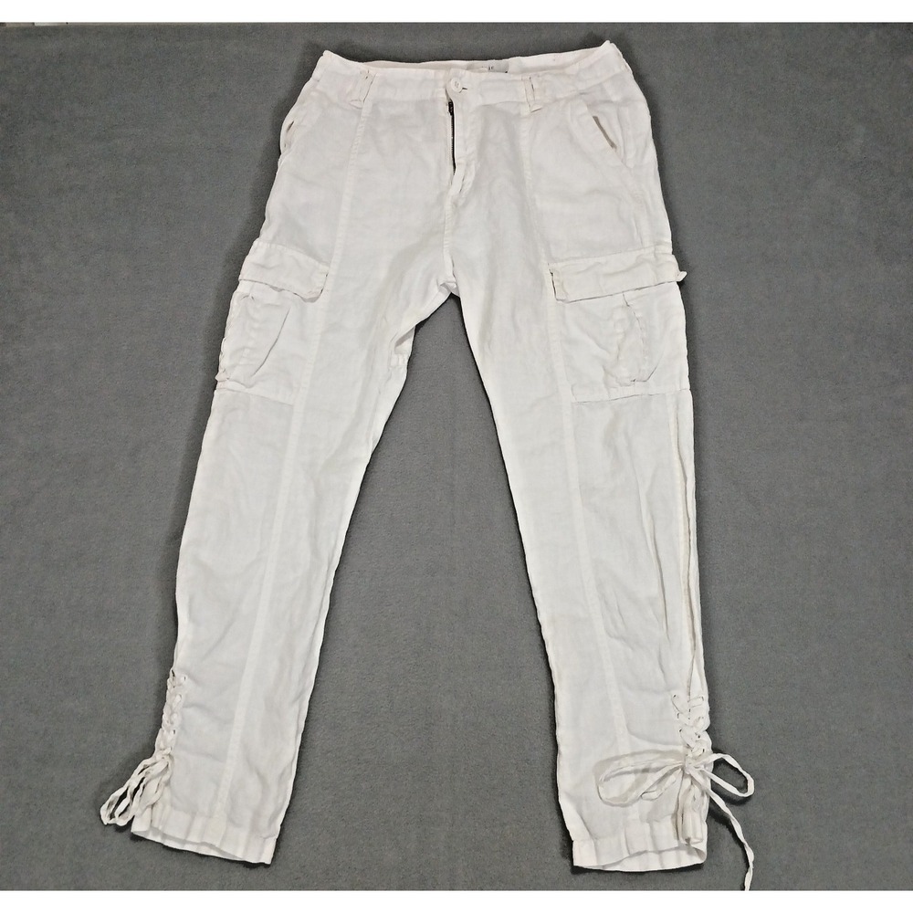 Joie White 100% Linen Lagenlook Boho Relaxed Lace Up Tapered Ankle Cargo Pants 4